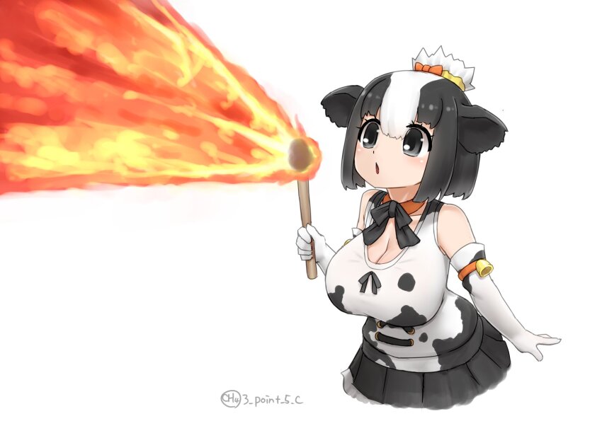 1girl animal_ears animal_print bare_shoulders black_bow black_bowtie black_eyes black_gloves black_hair black_shirt black_skirt blowing bow bowtie cow_ears cow_girl cow_print cowboy_shot elbow_gloves fire frilled_skirt frills gloves hair_between_eyes hair_bow hair_bun highres holstein_friesian_cattle_(kemono_friends) kemono_friends multicolored_hair orange_bow pleated_skirt print_gloves print_shirt shirt short_hair sidelocks skirt sleeveless solo torch two-tone_gloves two-tone_hair two-tone_shirt white_gloves white_shirt yonkuron
