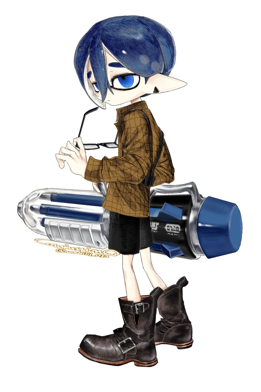 1boy ballpoint_splatling_(splatoon) black_boots black_shorts blue_eyes blue_hair boots brown_shirt closed_mouth commentary commission double-parted_bangs full_body gatling_gun glasses gun hair_between_eyes highres holding holding_gun holding_removed_eyewear holding_weapon inkling inkling_boy inkling_player_character machine_gun male_focus mochiiii_030 nintendo pointy_ears shirt short_hair shorts simple_background solo splatoon_(series) splatoon_3 squid_boy sticker tentacle_hair thick_eyebrows unworn_eyewear weapon white_background