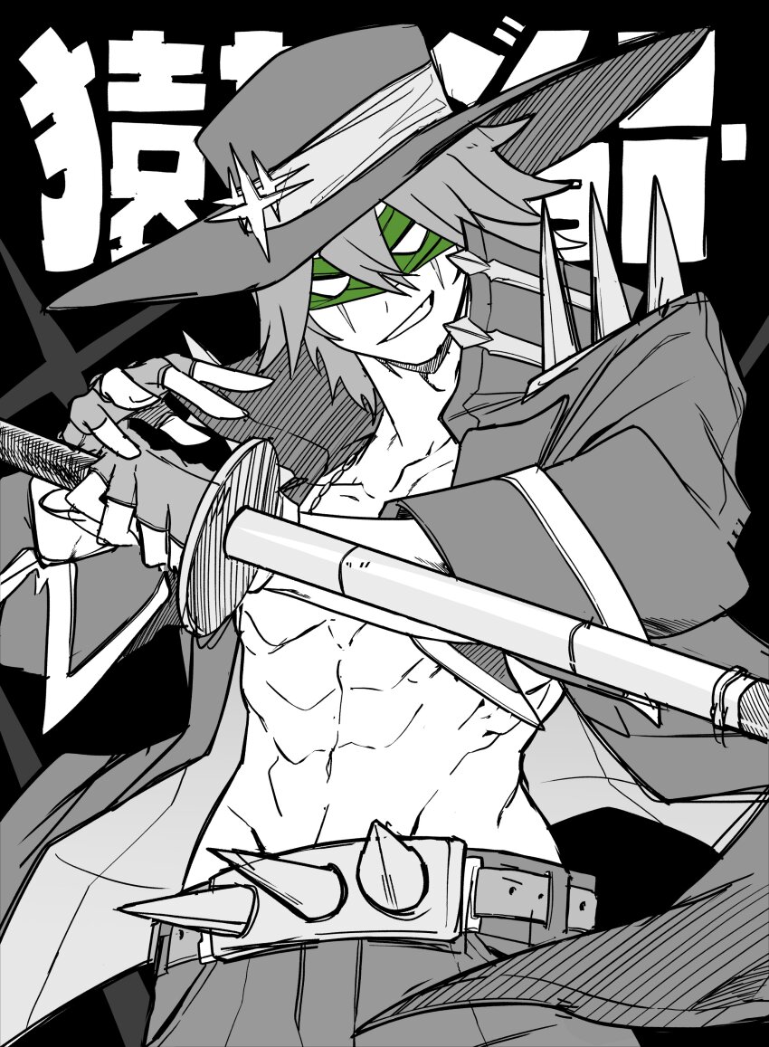 1boy abs absurdres cosplay crossover eye_mask guilty_gear highres johnny_(guilty_gear) johnny_(guilty_gear)_(cosplay) kill_la_kill male_focus muscular muscular_male sanageyama_uzu scar scar_on_face shinai solo sword weapon yuateheng