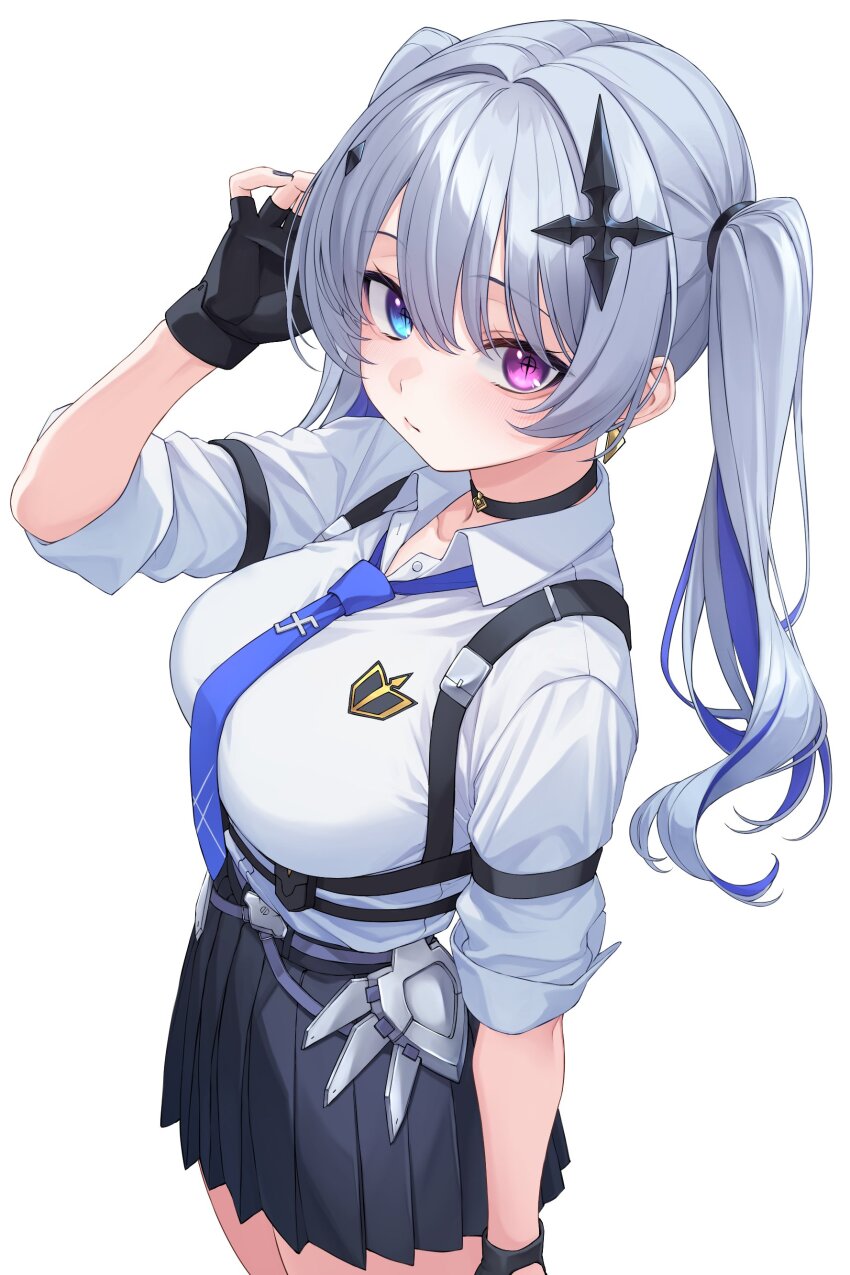 1girl absurdres armored_skirt black_choker black_gloves black_nails black_skirt blue_eyes blue_hair blue_necktie breasts chest_harness choker closed_mouth collarbone collared_shirt colored_inner_hair cross cross-shaped_pupils cross_hair_ornament earrings fingerless_gloves from_above from_side gloves grey_hair hair_between_eyes hair_intakes hair_ornament hand_up harness heterochromia highres inverted_cross jewelry large_breasts light_blush long_hair long_sleeves looking_at_viewer miniskirt multicolored_hair nail_polish nameko_houshi necktie neo-porte pink_eyes pleated_skirt shirt shirt_tucked_in sidelocks simple_background skirt sleeves_rolled_up solo standing symbol-shaped_pupils tentei_forte tentei_forte_(2nd_costume) thighs twintails very_long_hair virtual_youtuber white_background white_shirt