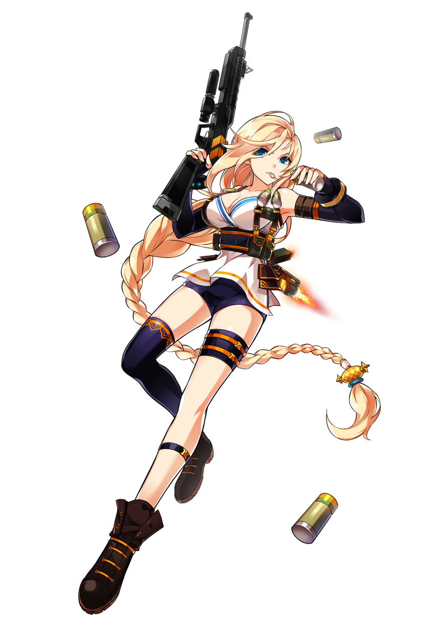 absurdres artist_request assault_rifle belt black_belt black_boots blonde_hair blue_shorts blue_thighhighs boots braid breasts closed_mouth determined elsword fighting_stance fire grenade_pin gun hair_tie hair_tubes highres holding holding_gun holding_weapon large_breasts leg_belt long_hair loose_hair_strand low-tied_long_hair mouth_hold multiple_belts official_alternate_costume official_art orange_belt over_shoulder rifle rose_(elsword) second-party_source shell_casing shirt short_shorts shorts single_braid single_hair_tube single_thighhigh sleeveless sleeveless_shirt standing swept_bangs tachi-e thigh_belt thigh_strap thighhighs transparent_background very_long_hair weapon weapon_over_shoulder white_shirt