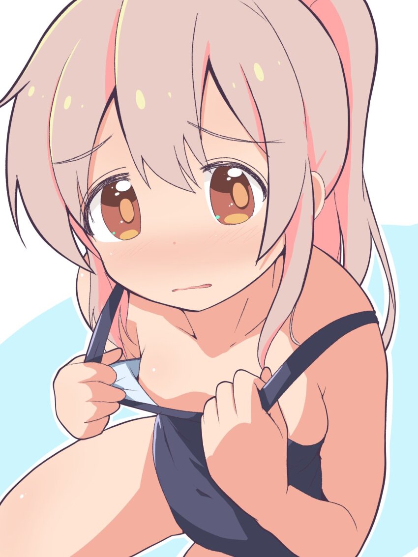 1girl bare_arms bare_legs bare_shoulders black_one-piece_swimsuit blue_background blush breasts brown_eyes clothes_pull collarbone commentary hair_between_eyes highres long_hair looking_at_viewer one-piece_swimsuit one-piece_swimsuit_pull onii-chan_wa_oshimai! outline oyama_mahiro pink_hair ponytail school_swimsuit simple_background small_breasts solo swimsuit unkimo white_background white_outline