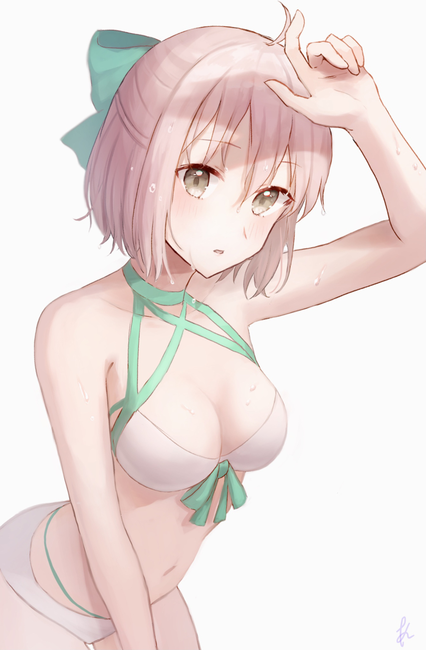 1girl :o ahoge aqua_bow bikini blush bow breasts brown_eyes cleavage commentary_request fate/grand_order fate_(series) hair_between_eyes hair_bow half_updo highres kaori_(vuoian_appxv) looking_at_viewer medium_breasts navel okita_j._souji_(fate) okita_j._souji_(third_ascension)_(fate) okita_souji_(fate) pink_hair shadow short_hair simple_background solo stomach swimsuit wet white_background white_bikini