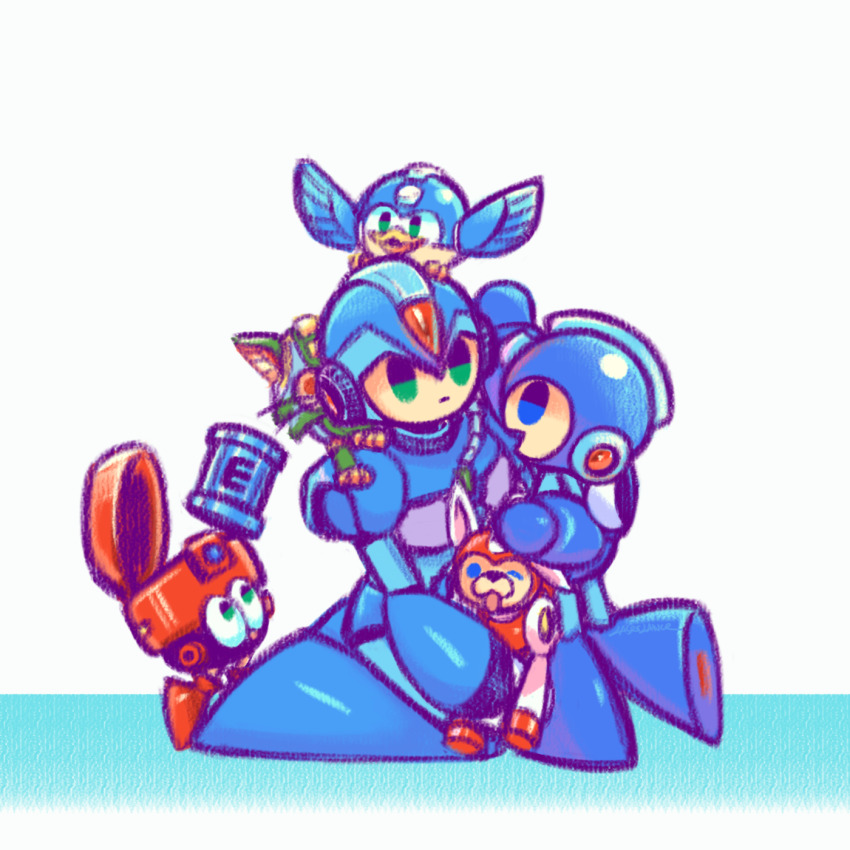 2boys beat_(mega_man) blue_eyes closed_mouth eddie_(mega_man) energy_tank expressionless green_eyes highres laser-lance male_focus mega_man_(character) mega_man_(classic) mega_man_(series) mega_man_x_(series) multiple_boys open_mouth rush_(mega_man) simple_background tango_(mega_man) white_background x_(mega_man)