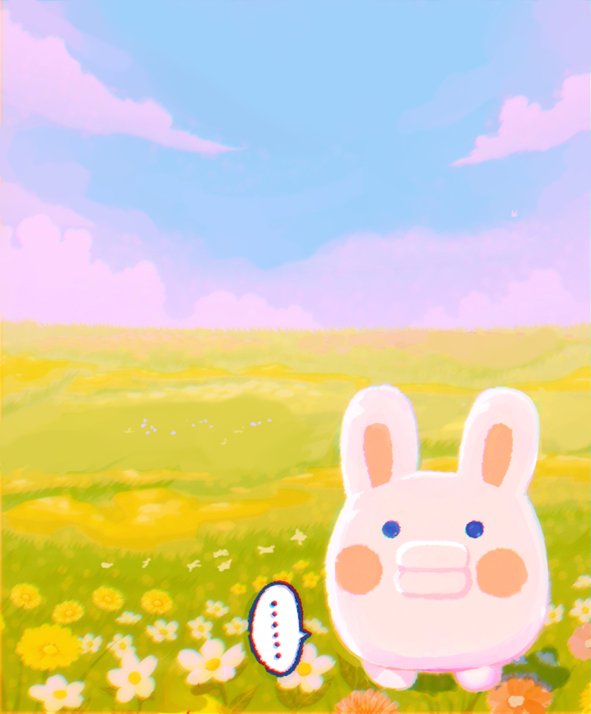 ... 1119mna blush_stickers character_request check_character cloud colored_skin commentary_request creature creature_focus flower grass highres kuchipatchi looking_at_viewer no_humans outdoors rabbit simple_background sky solid_circle_eyes spoken_ellipsis tamagotchi tamagotchi_(creature)