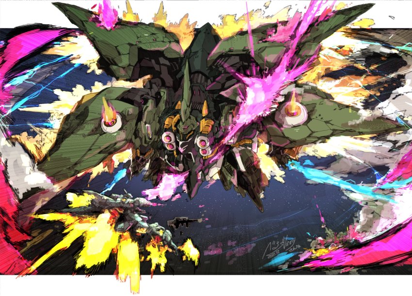 beam_rifle beru commission dated energy_gun firing flying gun gundam gundam_unicorn highres holding holding_gun holding_weapon kshatriya mecha mobile_suit no_humans robot skeb_commission solo_focus space stark_jegan thrusters visor weapon