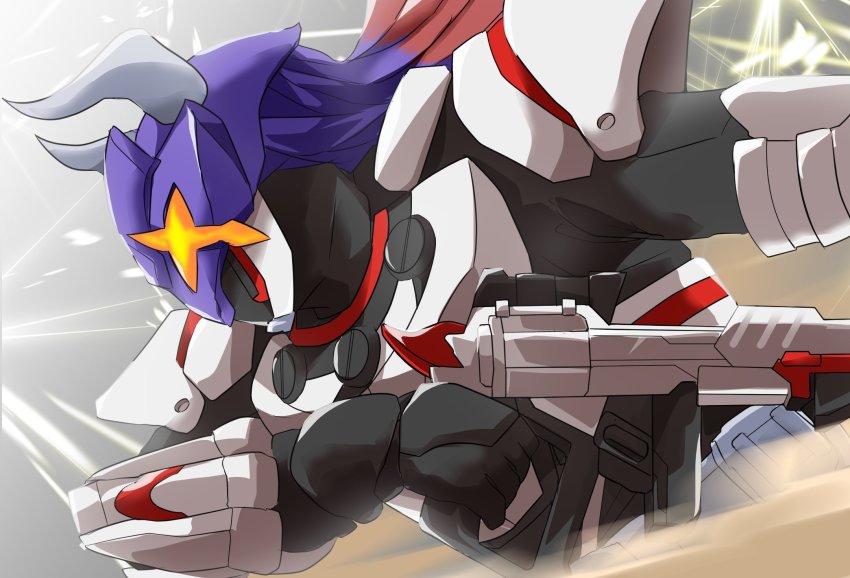 +_+ 1boy armor black_bodysuit black_gloves bodysuit buffalo bull gloves gun handgun helmet highres holding holding_weapon horns kamen_rider kamen_rider_buffa kamen_rider_geats_(series) magnum_buckle magnum_shooter_40x male_focus miyabi_(037) orange_eyes rifle shoulder_armor solo upper_body water_buffalo weapon