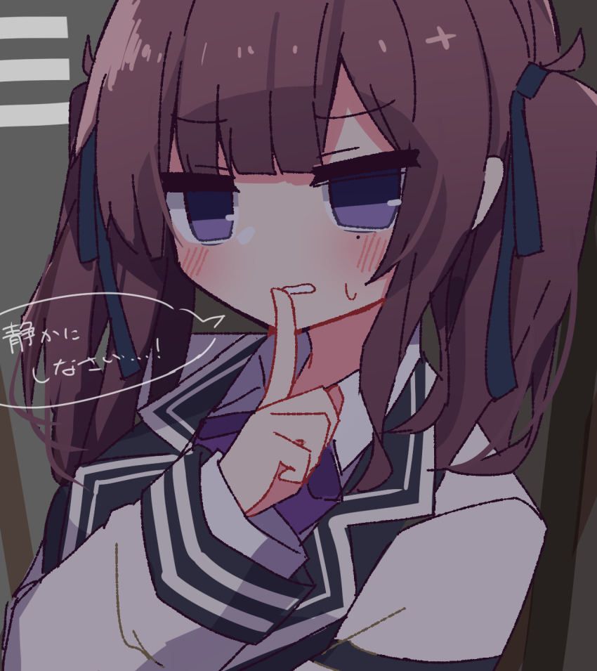 1girl black_ribbon blunt_bangs blush bow bowtie brown_hair cevio collared_shirt commentary dated_commentary finger_to_mouth hair_ribbon hand_up hibino_000 highres index_finger_raised long_sleeves looking_at_viewer medium_hair natsuki_karin parted_bangs parted_lips purple_bow purple_bowtie purple_eyes ribbon shirt shushing solo speech_bubble sweatdrop synthesizer_v teeth translated two_side_up upper_body white_shirt