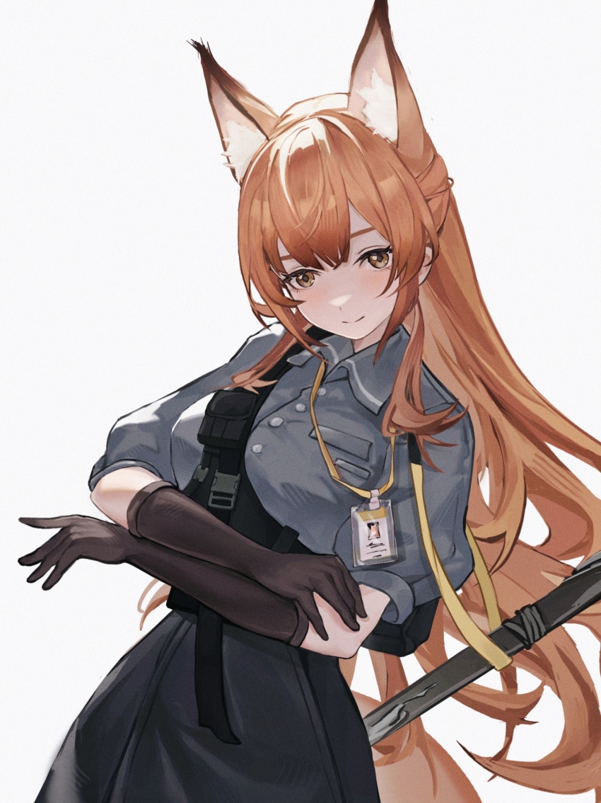 1girl animal_ear_fluff animal_ears arknights arms_under_breasts black_skirt brown_eyes brown_gloves ca_zi chinese_commentary closed_mouth collared_shirt commentary_request cowboy_shot elbow_gloves fox_ears fox_girl franka_(arknights) gloves grey_shirt highres id_card lanyard light_blush long_hair looking_at_viewer orange_hair shirt simple_background skirt solo very_long_hair white_background wing_collar