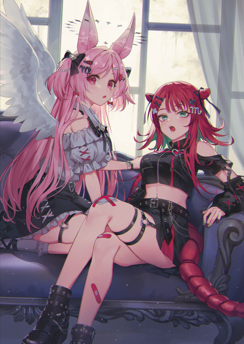 2girls :o angel_wings animal_ears ankle_boots ankle_strap arthropod_girl bandaid bandaid_on_knee bandaid_on_leg bare_shoulders belt belt_buckle belt_chain black_belt black_bow black_bowtie black_footwear black_nails black_ribbon black_shirt black_skirt boots bow bow_earrings bowtie bracelet buckle chain choppy_bangs clothing_cutout colored_inner_hair couch crop_top cross-laced_clothes crossed_legs curtains detached_sleeves double_bun earrings feet_out_of_frame foot_out_of_frame frilled_skirt frills gauze gauze_on_knee green_eyes green_hair grey_shirt grey_socks hair_bow hair_bun hair_ornament hair_ribbon hairclip halo heart heart_o-ring high_heel_boots high_heels highres jewelry jirai_kei lace-trimmed_socks light_blush long_sleeves looking_at_viewer looking_to_the_side medium_hair midriff miniskirt multicolored_hair multicolored_nails multiple_girls nail_art nail_polish navel_piercing o-ring o-ring_thigh_strap on_couch open_mouth original parted_bangs pearl_hair_ornament piercing pink_eyes pink_hair platform_footwear puffy_short_sleeves puffy_sleeves rabbit_hair_ornament red_hair ribbon scorpio_(symbol) scorpio_(zodiac) scorpion_girl scorpion_tail see-through_curtains seiza shirt short_sleeves shoulder_cutout sidelocks sitting skirt socks tail taranboman teeth thigh_strap two_side_up virgo_(symbol) virgo_(zodiac) white_nails white_wings window wings x_hair_ornament zipper zipper_pull_tab zodiac