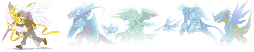 closed_eyes digimon heart heraklekabuterimon highres holyangemon machgaogamon marinangemon metalgreymon picklemon polearm running simple_background spear taiga_(digimon) tail weapon white_background wings