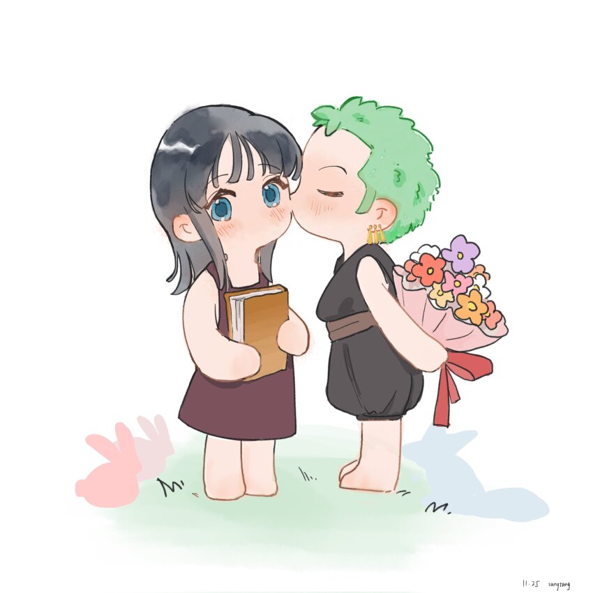 1boy 1girl aged_down black_hair blue_eyes book bouquet child closed_eyes commentary dress earrings english_commentary flower green_hair highres holding holding_book holding_bouquet jewelry ltangtang116772 medium_hair nico_robin one_piece purple_dress roronoa_zoro