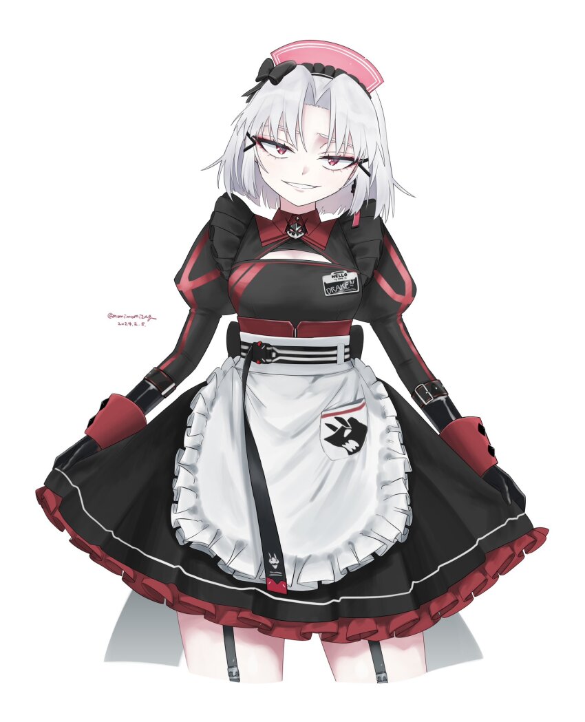 1girl alternate_costume apron black_dress breasts character_name dated drake_(maid_for_villain)_(nikke) drake_(nikke) dress earrings enmaided frilled_dress frills goddess_of_victory:_nikke grin highres jewelry legwear_garter looking_at_viewer maid maid_headdress medium_breasts nikumanman official_alternate_costume red_eyes short_hair skirt skirt_hold smile solo twitter_username white_apron white_hair