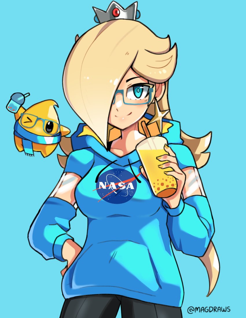 absurdres black_pants blonde_hair blue_eyes blue_hoodie bubble_tea casual crown earrings fingernails glasses hair_over_one_eye hand_on_own_hip highres hood hoodie jewelry logo long_hair luma_(mario) mag_(magdraws) mario_(series) nasa nasa_logo nintendo one_eye_closed pants print_hoodie rosalina scarf smile super_mario_galaxy wink
