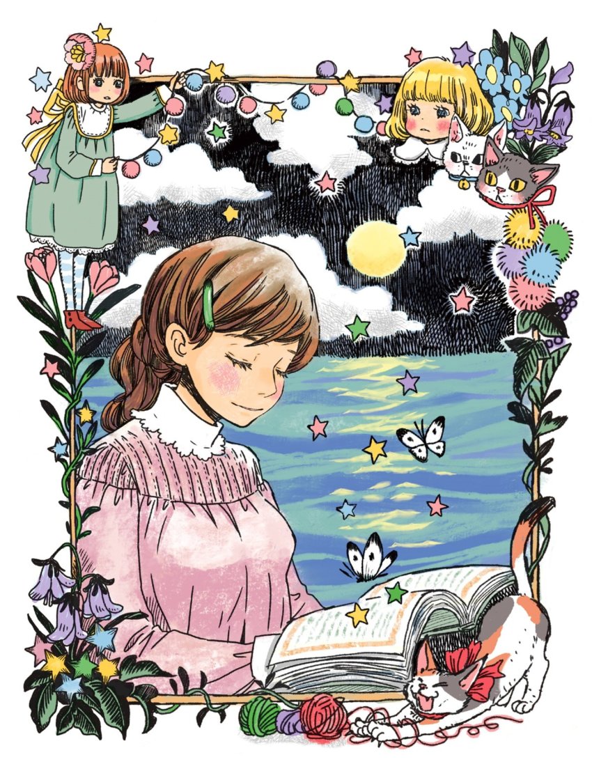 3girls alternate_costume alternate_hairstyle animal ankle_boots bell blonde_hair blue_flower blush bob_cut book boots border brown_hair bug butterfly cat chibi chibi_inset closed_eyes closed_mouth cloud cloudy_sky cropped_shoulders dot_nose dress eyelashes facing_viewer flat_chest flower full_body full_moon green_dress hair_flower hair_ornament hairclip happy head_down high_collar highres holding holding_book insect kawamoto_akari kawamoto_hinata kawamoto_momo leaf light_brown_hair light_smile long_sleeves moon moonlight multiple_girls night night_sky open_book pantyhose parted_lips pink_flower plant pom_pom_(clothes) ponytail purple_flower red_footwear reflection reflective_water sangatsu_no_lion siblings sisters sky star_(symbol) stretching string_of_light_bulbs striped_clothes striped_legwear striped_thighhighs thighhighs umino_chika upper_body water white_border white_legwear yarn yawning