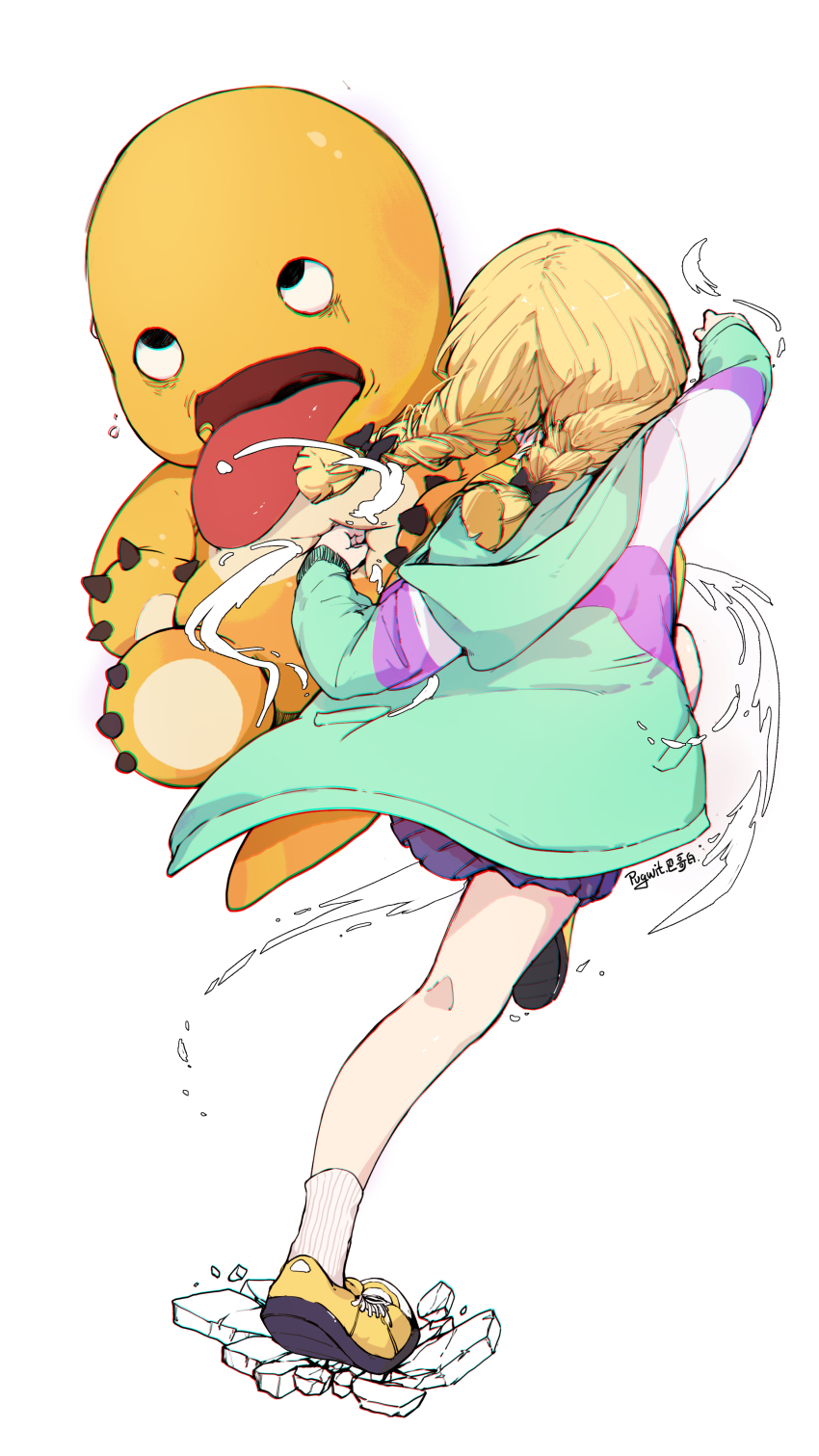 1girl absurdres blonde_hair braid broken_ground commentary_request dress fujita_kotone gakuen_idolmaster highres idolmaster multicolored_dress nailong nailong_(character) pugwit punching simple_background solo standing standing_on_one_leg twin_braids