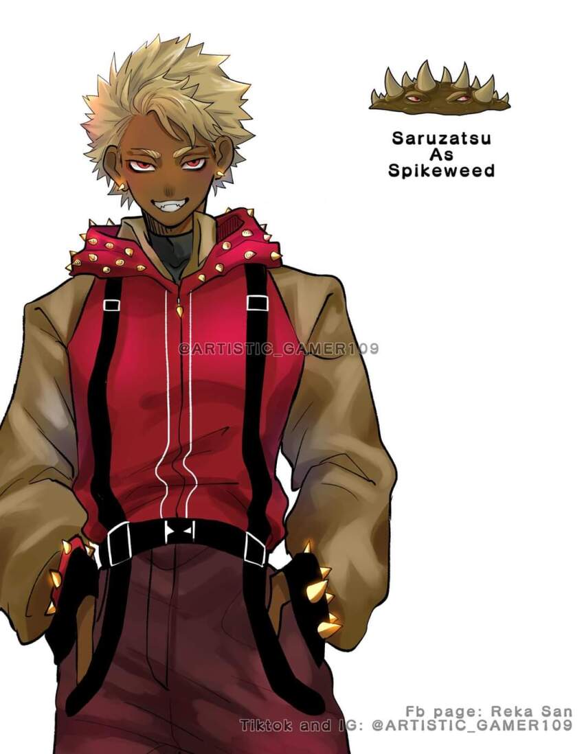 1boy beige_hair belt black_straps black_suspenders black_undershirt bracelet brown_pants brown_undershirt buckle character_name commentary_request cowboy_shot dark-skinned_male dark_skin furrowed_brow hands_in_pockets high_collar highres humanization jacket jewelry long_sleeves long_sleeves_under_sleeveless looking_at_viewer male_focus pants personification plants_vs_zombies red_eyes red_jacket reka-san shirt short_hair simple_background sleeveless sleeveless_jacket smile spiked_bracelet spiked_ear_piercing spiked_hair spiked_hood spikes spikeweed_(plants_vs_zombies) suspenders tagme teeth thorns turtleneck turtleneck_shirt white_background yellow_spikes zipper