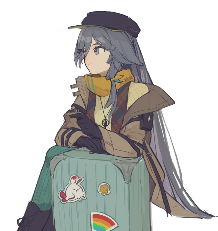 1girl aran_sweater black_boots black_gloves black_hat boots brown_jacket brown_scarf brown_sweater cable_knit closed_mouth copyright_request feet_out_of_frame flat_cap gloves green_pantyhose grey_eyes grey_hair hair_ornament hairclip hat highres jacket lace-up_boots long_sleeves mogomaco open_clothes open_jacket pantyhose plaid ribbed_legwear ribbed_sweater scarf simple_background sitting solo suitcase sweater white_background