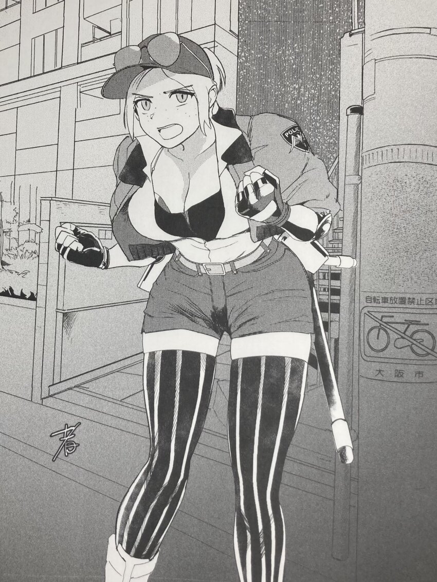 1girl baseball_cap baton_(weapon) breasts cleavage eyewear_on_head final_fight fingerless_gloves gloves hat highres hiroshi_mono large_breasts lucia_morgan monochrome police police_uniform policewoman screentones short_shorts shorts solo street_fighter street_fighter_v striped_clothes striped_thighhighs thighhighs weapon
