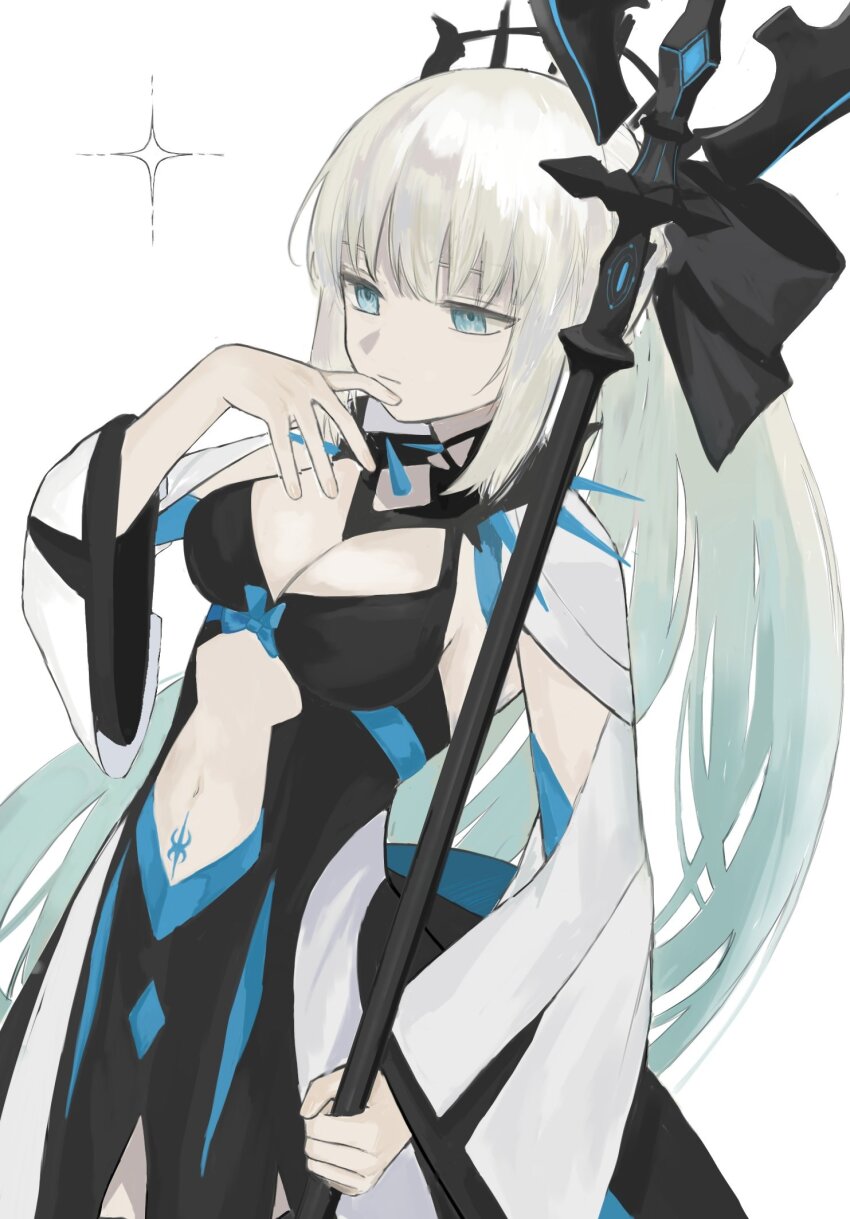 1girl black_dress black_ribbon blue_eyes breasts cleavage closed_mouth clothing_cutout commentary dress expressionless fate/grand_order fate_(series) hair_ribbon highres holding holding_staff long_hair medium_breasts morgan_le_fay_(fate) morgan_le_fay_(third_ascension)_(fate) ponytail pubic_tattoo ribbon rurubusandayo simple_background solo spikes staff star_(symbol) stomach_cutout tattoo two-tone_dress very_long_hair white_background white_dress white_hair wide_sleeves