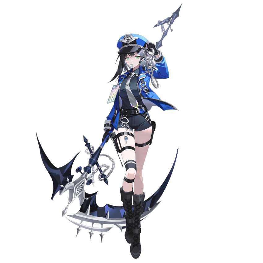 abigail_(black_survival) abigail_(prison_guard)_(black_survival) black_boots black_hair black_survival blue_bodysuit blue_hat blue_jacket bodysuit boots cuffs eternal_return:_black_survival green_eyes handcuffs hat highres holding holding_scythe jacket official_art scythe short_hair tagme