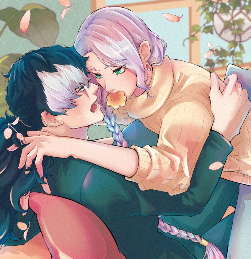 2boys absurdres ace_attorney arm_on_another&#039;s_shoulder bindi black_hair blue_pants blush boy_on_top braid braided_ponytail commentary_request cookie earrings eye_contact facial_mark falling_leaves food food_in_mouth forehead_mark green_eyes highres jewelry kuranne leaf long_hair long_sleeves looking_at_another low_ponytail male_focus multicolored_hair multiple_boys nahyuta_sahdmadhi pants phoenix_wright:_ace_attorney_-_spirit_of_justice plant ponytail purple_hair shirt simon_blackquill single_braid sleeves_rolled_up small_sweatdrop straddling sweater thick_eyebrows two-tone_hair very_long_hair white_hair yaoi yellow_sweater