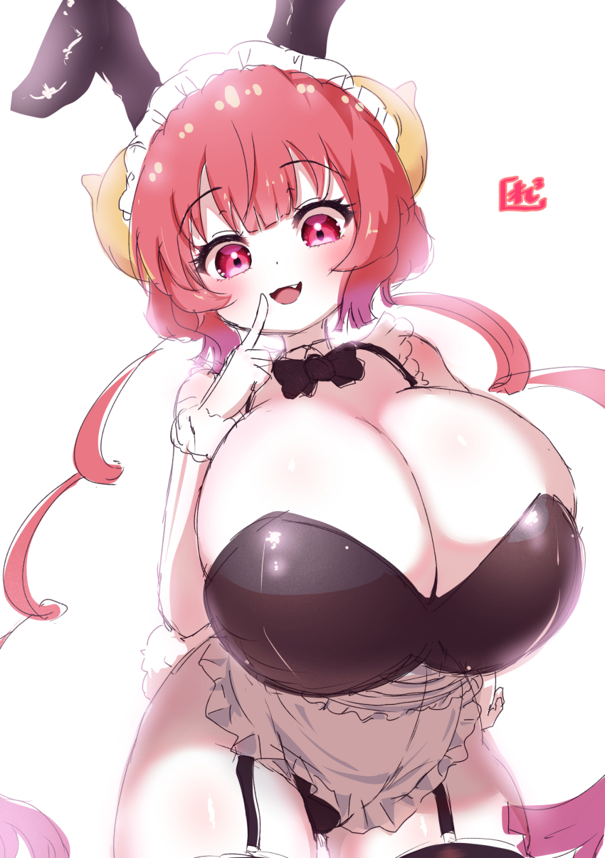 1girl apron artist_logo black_leotard black_thighhighs blush breasts dragon_girl dragon_horns eyebrows_hidden_by_hair fang finger_to_mouth garter_belt gloves highres horns huge_breasts ilulu_(maidragon) kobayashi-san_chi_no_maidragon leotard logo looking_at_viewer medium_hair open_mouth playboy_bunny red_eyes red_hair reiwa_rerere simple_background smile solo thighhighs white_apron white_background white_gloves white_headdress white_wrist_cuffs wrist_cuffs