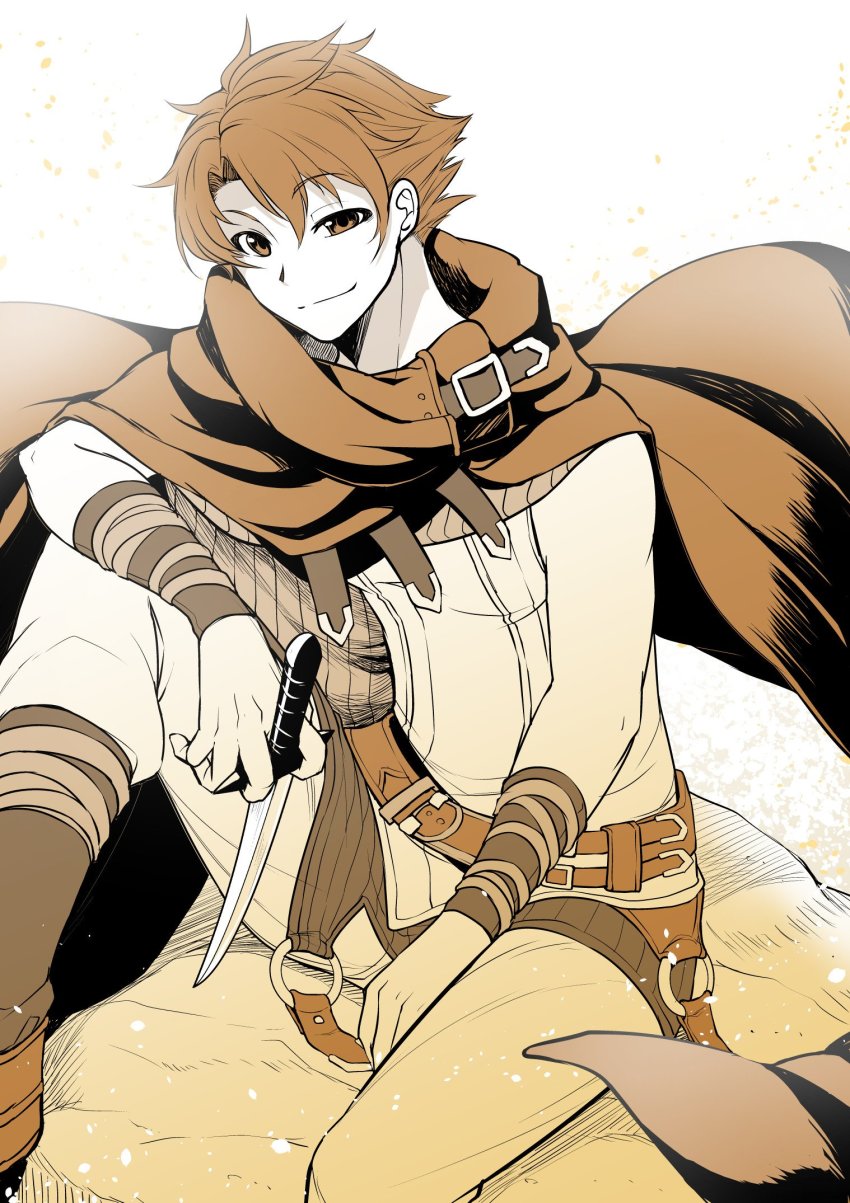 1boy armor cape cloak elbow_gloves fire_emblem fire_emblem:_the_blazing_blade fire_emblem_heroes gloves highres knife looking_at_viewer male_focus matthew_(fire_emblem) monochrome nakabayashi_zun nintendo short_hair simple_background smile solo weapon