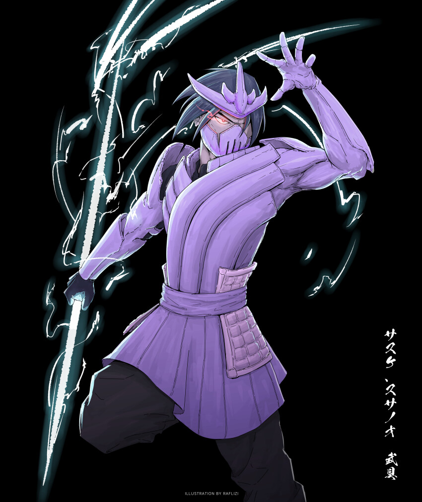 1boy absurdres arm_guards armor black_hair boruto:_naruto_next_generations boruto:_naruto_the_movie highres male_focus mask mouth_mask naruto_(series) purple_armor rafli_fazli rinnegan sharingan short_hair spiked_hair susanoo_(naruto) uchiha_sasuke
