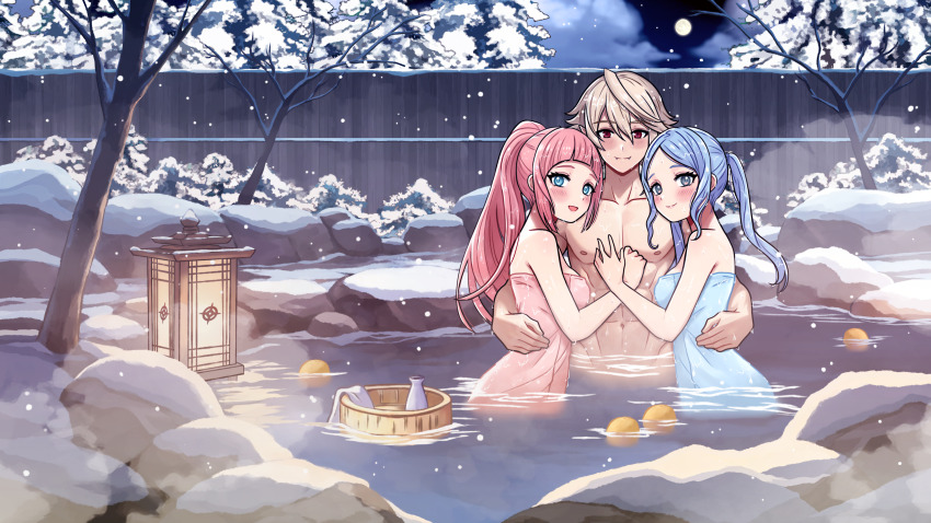 1boy 2girls absurdres blonde_hair blue_hair breasts male_corrin_(fire_emblem) felicia_(fire_emblem) fire_emblem fire_emblem_fates flora_(fire_emblem) girl_sandwich highres medium_breasts moon multiple_girls naked_towel night night_sky nintendo onsen outdoors pink_hair ponytail rein_creamsoda sandwiched sky snow snowing towel twintails