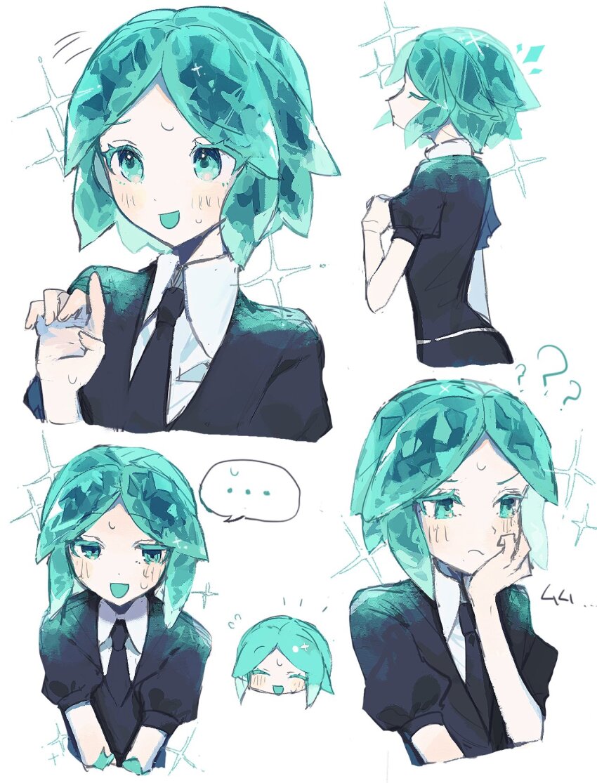 ... 1girl ? ^_^ amputee aqua_eyes aqua_hair aqua_mouth arm_at_side black_jacket black_necktie blush closed_eyes closed_mouth collared_shirt colored_eyelashes colored_mouth commentary_request cropped_torso fingernails flying_sweatdrops hand_on_own_cheek hand_on_own_face hand_up highres houseki_no_kuni jacket jitome looking_to_the_side multiple_views necktie notice_lines open_mouth original parted_bangs phosphophyllite profile puffy_short_sleeves puffy_sleeves shirt short-sleeved_jacket short_hair short_sleeves simple_background sippudayo smile sparkle spoken_ellipsis sweat u_u v_arms white_background white_shirt