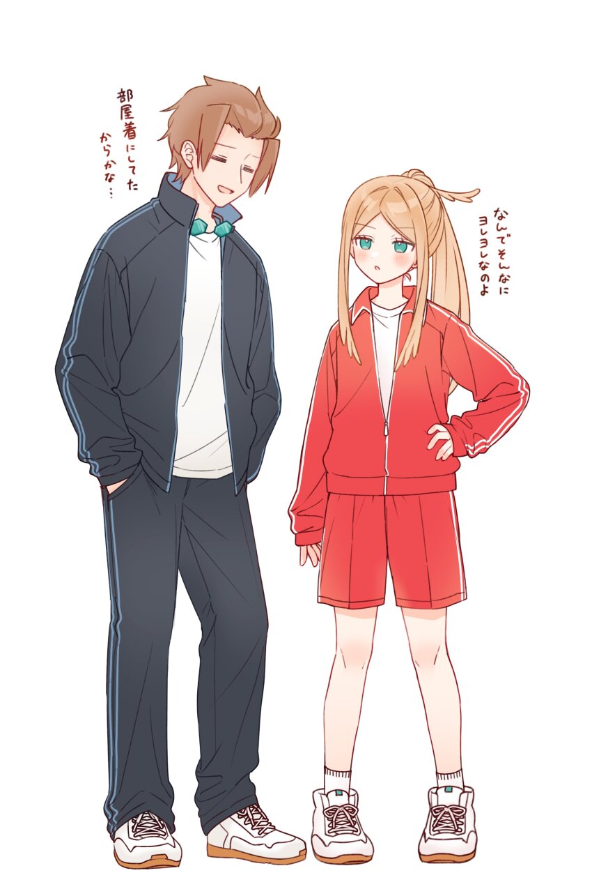 1boy 1girl =_= absurdres black_jacket black_pants black_track_suit brown_hair eyewear_around_neck full_body green_eyes hands_in_pockets highres jacket jin_yuuichi konami_kirie long_hair long_sleeves namauni_moku open_clothes open_jacket orange_hair pants ponytail red_jacket red_shorts shirt shoes short_hair shorts sleeves_past_wrists standing track_suit translation_request white_shirt white_shoes world_trigger
