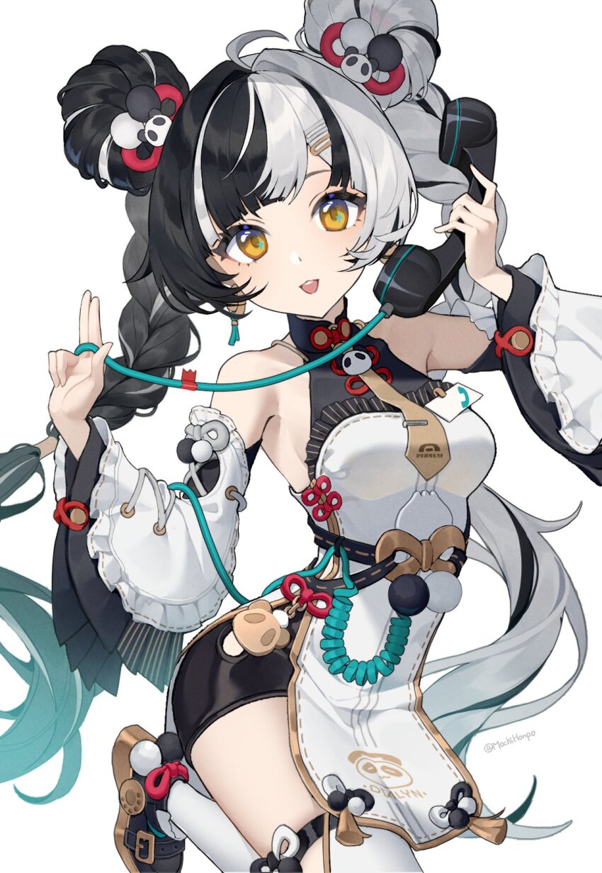 1girl ahoge animal_print bear_print braid braided_twintails breasts chinese_clothes commentary corded_phone detached_sleeves dialyn_(zenless_zone_zero) earrings hair_bun hair_ornament hairclip highres jewelry medium_breasts multicolored_hair necktie panda panda_hair_ornament panda_print phone shoes solo split-color_hair tassel teeth upper_teeth_only usamochi. wire yellow_eyes zenless_zone_zero