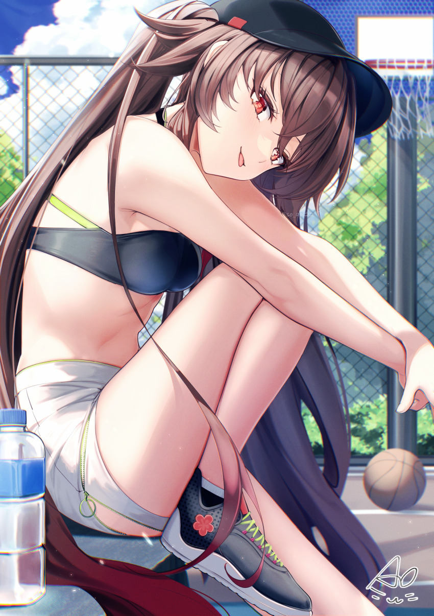 1girl :p absurdres asahi_(vjss4548) ball bandeau bare_arms bare_shoulders basketball basketball_(object) basketball_court black_bra black_hat black_shoes bottle bra brown_hair commentary_request genshin_impact hat highres hu_tao_(genshin_impact) long_hair looking_at_viewer orange_eyes shoes shorts sitting sneakers solo sports_bra stomach strapless streetwear tongue tongue_out tube_top twintails underwear very_long_hair water_bottle watermark white_shorts