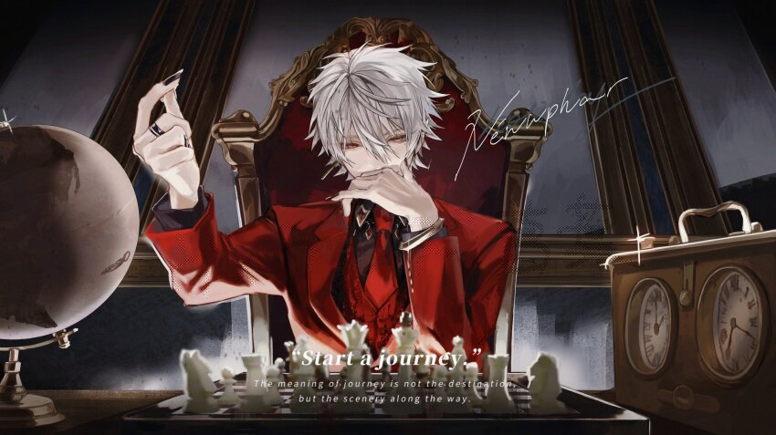 1boy bracelet chair chess_piece chessboard covered_mouth english_text formal_clothes globe grey_hair hair_between_eyes haku_ris half-closed_eyes hashtag-only_commentary highres indoors jewelry kuzuha_(nijisanji) long_sleeves looking_at_viewer male_focus mole mole_under_eye nail_polish necktie nijisanji radio red_eyes ring shirt short_hair sitting snapping_fingers solo suit table upper_body vest virtual_youtuber