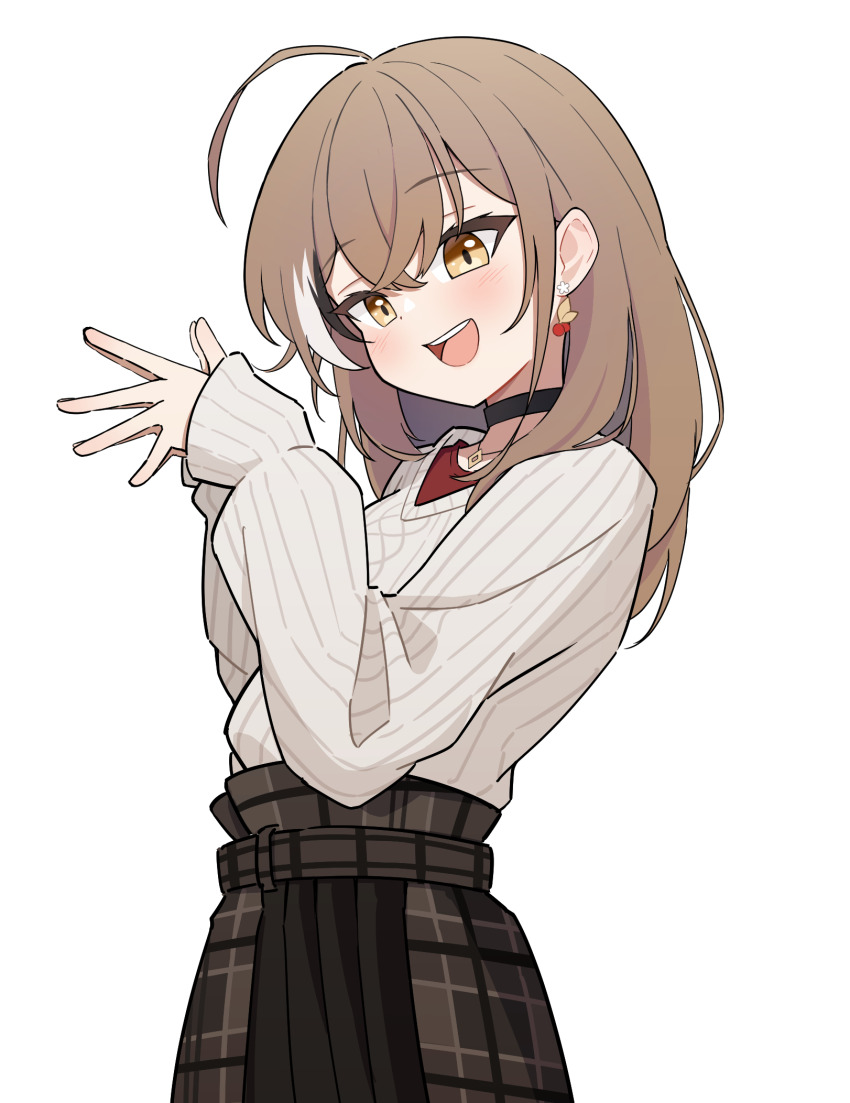 1girl :d ahoge bakedmonogamy belt berry black_choker brown_eyes brown_hair brown_skirt choker commentary crossed_bangs double-parted_bangs earrings english_commentary food-themed_earrings hair_between_eyes highres hololive hololive_english jewelry long_hair long_skirt long_sleeves looking_at_viewer multicolored_hair nanashi_mumei nanashi_mumei_(casual) necklace official_alternate_costume open_mouth own_hands_together plaid_clothes plaid_skirt pleated_skirt red_shirt shirt simple_background skirt sleeves_past_wrists smile streaked_hair sweater teeth upper_teeth_only virtual_youtuber white_background white_sweater