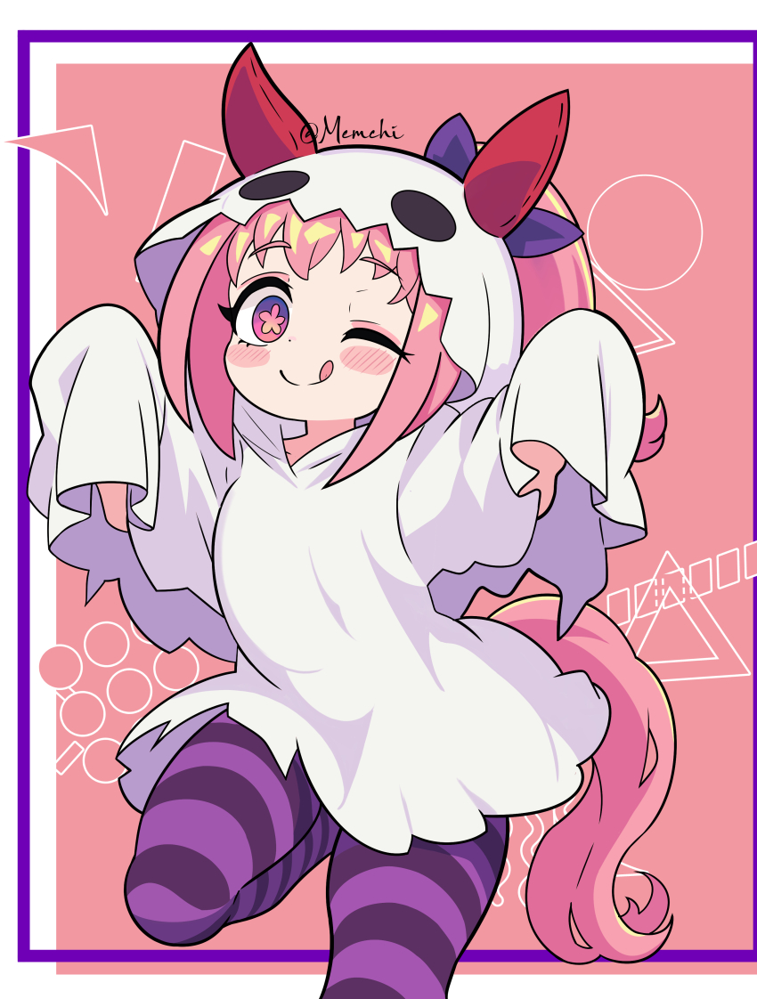 1girl absurdres animal_ears blush bow ear_bow ear_covers flower-shaped_pupils flower_in_eye ghost hairband halloween haru_urara_(umamusume) headband highres horse_ears horse_girl horse_tail long_hair looking_at_viewer mem_chi pink_eyes pink_hair pink_headband ponytail red_headband shirt smile solo symbol-shaped_pupils symbol_in_eye tail umamusume
