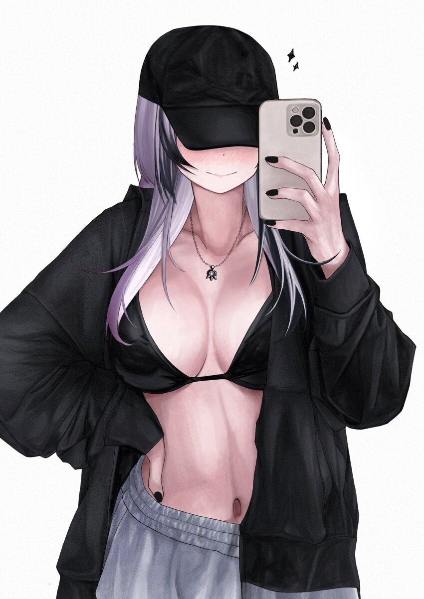 1girl alternate_costume baseball_cap bikini bikini_top_only black_bikini black_hair black_hat black_jacket black_nails breasts cellphone grey_hair grey_pants hat highres holding holding_phone hololive hololive_english jacket jewelry large_breasts long_hair multicolored_hair navel necklace pants phone shiori_novella simple_background smartphone solo sweatpants swimsuit two-tone_hair unmeidesu virtual_youtuber white_background