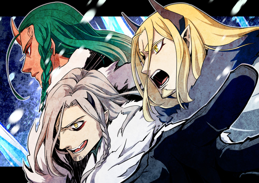 1girl 2boys :o black_gloves black_horns braid coat einar_(pixiv_fantasia_last_saga) facial_hair fur_coat gloves green_hair grey_hair horns lalwa_the_red_demon long_hair multiple_boys pixiv_fantasia pixiv_fantasia_last_saga pointy_ears red_eyes sigtor_the_fang_axe snowing sou-_-you stubble yellow_eyes