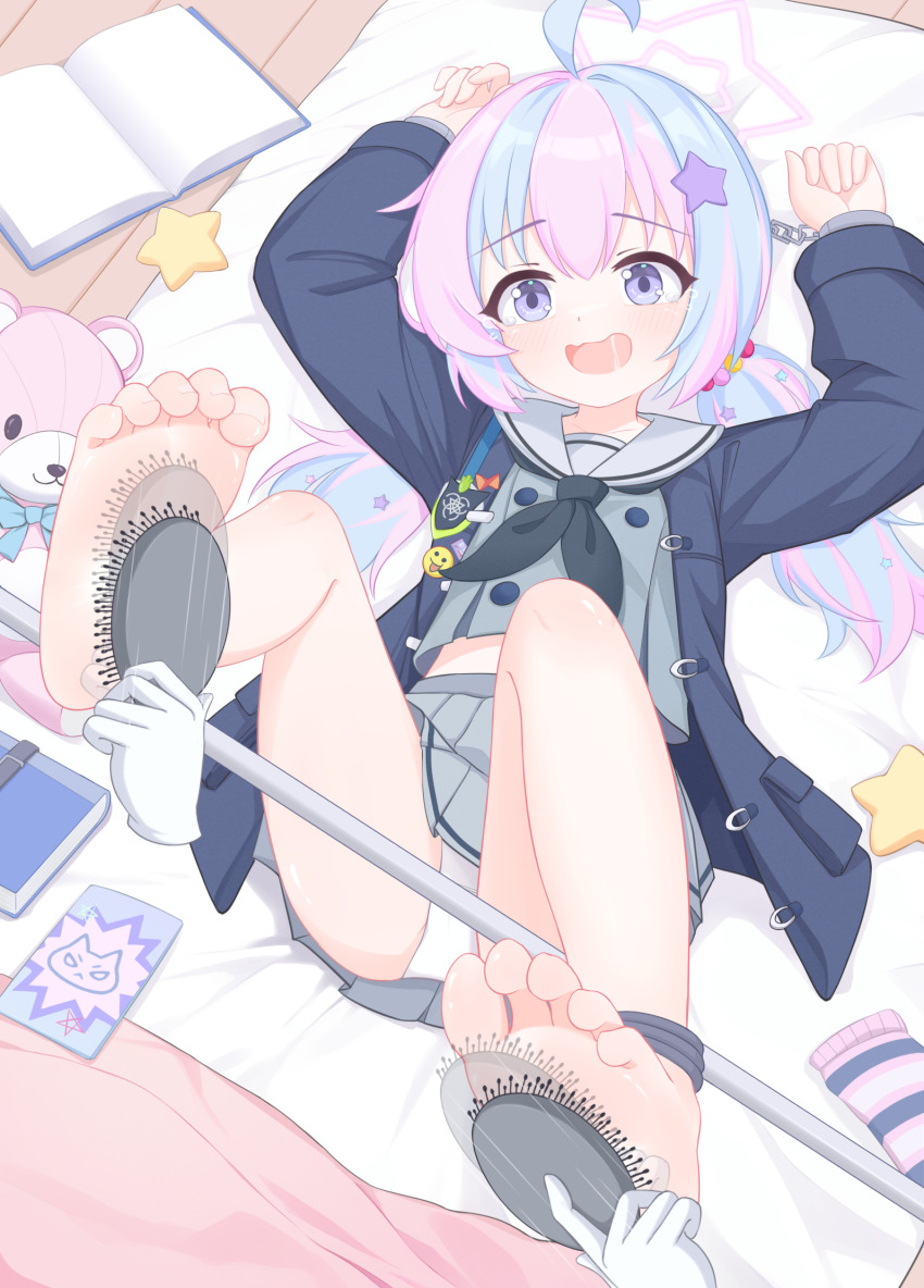 1girl 2others arms_up barefoot black_neckerchief blue_archive blue_coat blue_hair chinese_commentary coat commentary_request cropped_shirt disembodied_hand eugenecolin full_body grey_shirt grey_skirt hair_brush hair_ornament halo highres holding holding_hair_brush indoors large_variant_set legs_up loli long_sleeves lying midriff_peek miniskirt multiple_others neckerchief on_back open_clothes open_coat open_mouth panties pink_hair pink_halo pleated_skirt purple_eyes reisa_(blue_archive) restrained sailor_collar saliva saliva_trail shirt skirt socks soles spreader_bar star_(symbol) star_hair_ornament star_halo striped_clothes striped_socks stuffed_animal stuffed_toy tearing_up tears teddy_bear tickling tickling_feet toes twintails underwear unworn_socks variant_set white_panties white_sailor_collar
