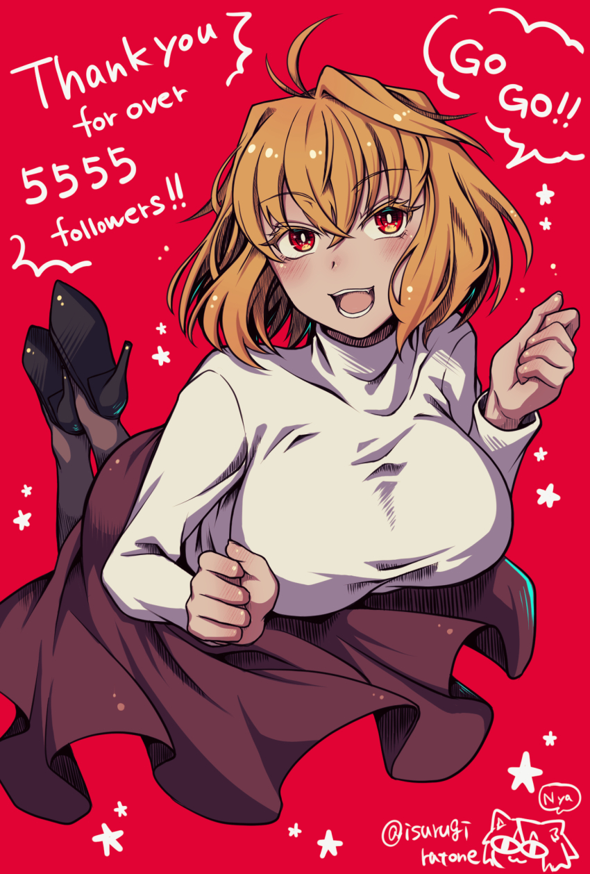 1girl ahoge arcueid_brunestud blonde_hair blush breasts english_text high_heels highres isurugiratone large_breasts looking_at_viewer melty_blood red_background red_eyes short_hair simple_background skirt smile sweater tsukihime turtleneck turtleneck_sweater