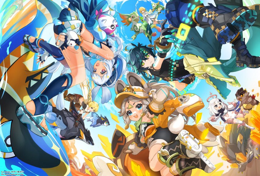 2boys 4girls :d aether_(genshin_impact) ahoge aqua_pants ass bare_shoulders black_eyes black_gloves black_hair black_pants black_shorts black_skirt blonde_hair blue_eyes blue_sky blush braid braided_ponytail breasts brown_mittens chinchilla_ears clothes_around_waist commentary_request crop_top cropped_shirt day detached_sleeves dress fingerless_gloves flower fur-trimmed_mittens fur_trim genshin_impact gloves green_hair green_headband hair_between_eyes hair_flower hair_ornament halo head_wings headband highres jacket jacket_around_waist kachina_(genshin_impact) kinich_(genshin_impact) koholasaurus_(genshin_impact) light_brown_hair little_one_(genshin_impact) long_hair looking_at_viewer lumine_(genshin_impact) medium_breasts midriff mittens mualani_(genshin_impact) multicolored_hair multiple_boys multiple_girls okkobc open_mouth orange_jacket orange_mittens orange_visor outdoors paimon_(genshin_impact) pants purple_eyes red_eyes shorts single_head_wing skirt sky smile star_(symbol) star_hair_ornament symbol-shaped_pupils tail teeth tepetlisaurus_(genshin_impact) thighhighs two-tone_gloves two-tone_hair upper_teeth_only v very_long_hair white_dress white_flower white_gloves white_hair white_romper white_sleeves white_thighhighs wings yellow_eyes yellow_jacket yumkasaurus_(genshin_impact)