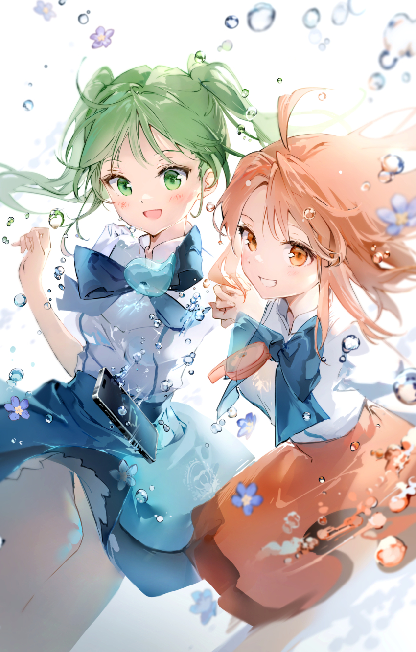 2girls absurdres ahoge anmi blue_skirt blush breasts fate/grand_order fate_(series) green_eyes green_hair grin hibino_hibiki highres katsuragi_chikagi long_hair looking_at_viewer mahou_tsukai_no_hako medium_breasts multiple_girls open_mouth orange_eyes orange_hair orange_skirt shirt short_hair skirt small_breasts smile twintails type-moon water white_shirt