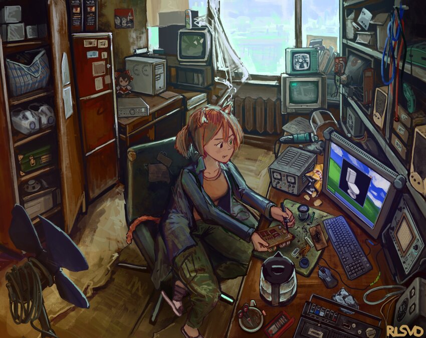 1girl absurdres animal_ears bag bed bedroom black_jacket bliss_(image) book book_stack box brand_name_imitation brown_eyes brown_shirt cabinet cable cargo_pants cassette_player cassette_tape cat_ears cat_girl cat_tail chair chips_(food) circular_saw closet coffee_mug computer computer_keyboard computer_mouse concentrating crt cup curtains desk desktop_(computing) disposable_coffee_cup disposable_cup electric_kettle flip-flops folder food fumo_(doll) green_eyes green_pants heterochromia highres indoors jacket jug_(bottle) kettle lay&#039;s_(potato_chips) leather leather_jacket microchip microsoft_windows monitor mug on_chair open_clothes open_jacket oscilloscope pants ponytail potato_chips power_tool purple_socks radiator red_hair rlsvd russia sandals saw scissors shirt sitting socks soldering soldering_iron solo speaker striped_clothes striped_socks suitcase table tail tea television tongue tongue_out window windows_xp winter wire