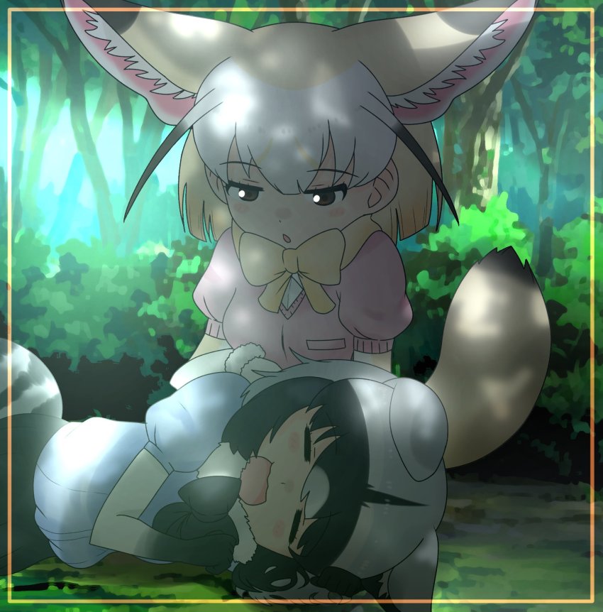 animal_ears cats_yone common_raccoon_(kemono_friends) fennec_(kemono_friends) gloves highres kemono_friends necktie shirt skirt tail