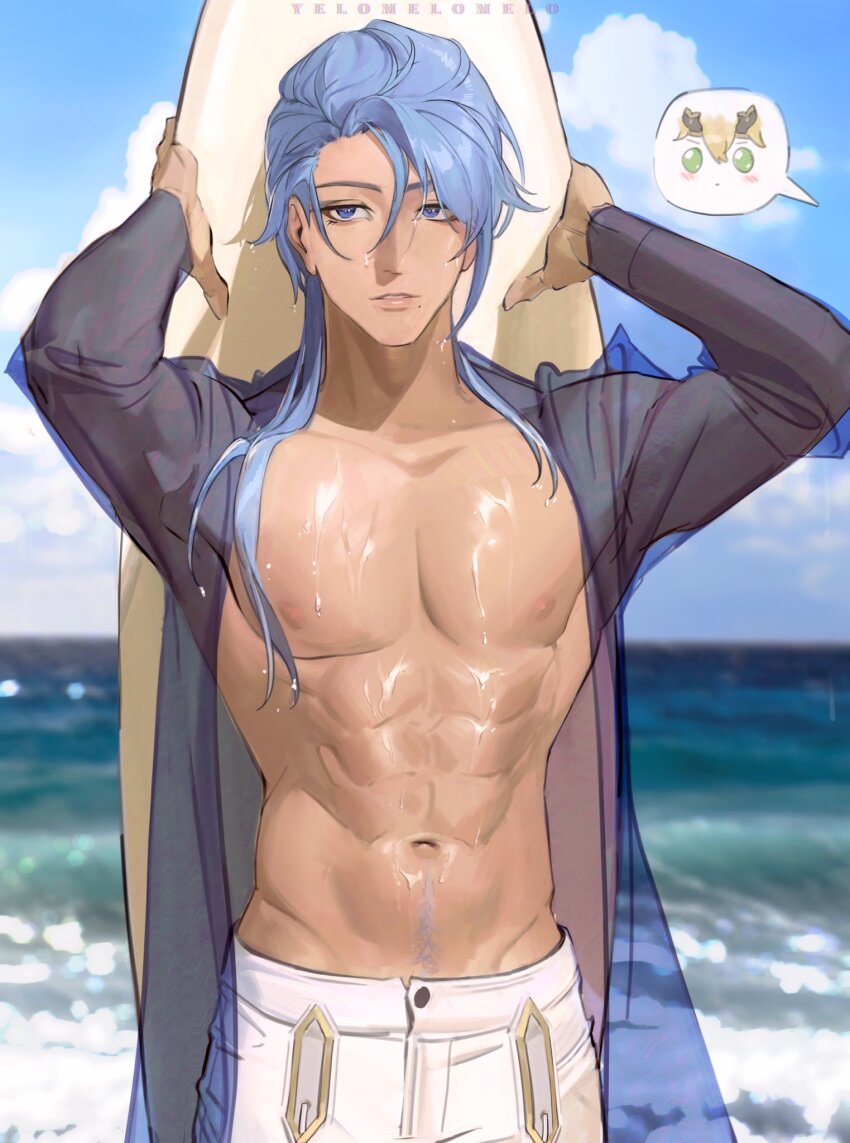 2boys abs artist_name bare_pectorals black_headband blonde_hair blue_eyes blue_hair blue_sky blurry blurry_background blush chadetteisgiga chibi cloud commentary day english_commentary fake_horns genshin_impact green_eyes groin hair_between_eyes hands_up headband highres holding holding_surfboard horned_headwear horns kamisato_ayato lips long_hair long_sleeves looking_at_viewer male_focus mole mole_under_mouth multiple_boys navel navel_hair nipples ocean open_clothes open_shirt outdoors pants parted_lips pectorals see-through_clothes see-through_shirt shirt sky solo_focus speech_bubble surfboard thoma_(genshin_impact) toned toned_male water wet wet_hair white_pants yaoi