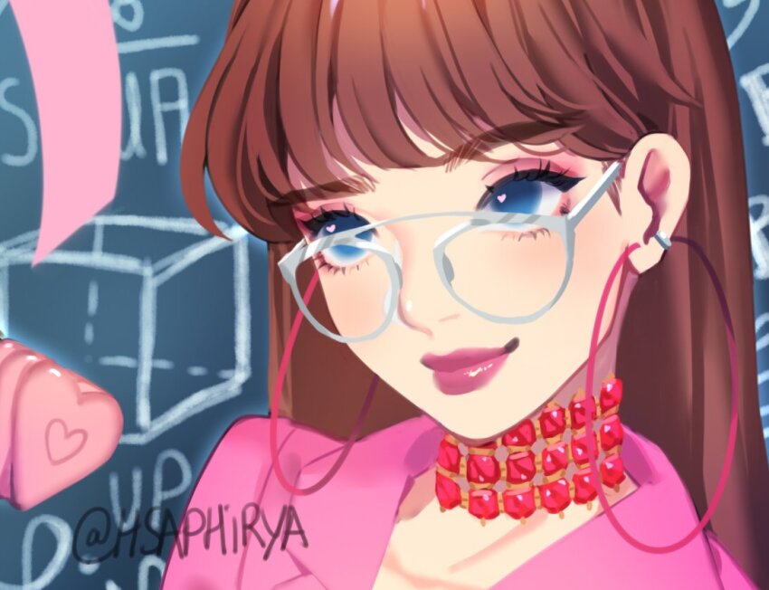 1girl blackpink blue_eyes blunt_bangs brown_hair choker close-up earrings eyeliner eyeshadow glasses hoop_earrings jacket jewelry k-pop lisa_(blackpink) long_hair makeup pink_jacket pink_lips real_life saphirya smile solo twitter_username
