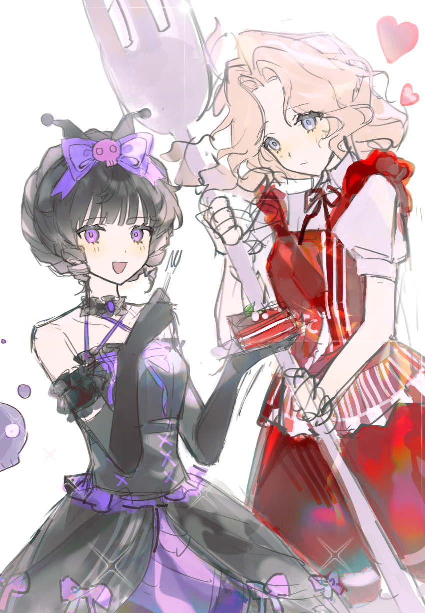 2girls absurdres black_dress black_gloves black_hair blonde_hair blue_eyes bow breasts chinese_commentary closed_mouth collared_shirt commentary_request cosplay dress fork frilled_gloves frills gloves grace_(chef_k)_(identity_v) grace_(identity_v) hair_bow heart highres holding holding_fork identity_v kuromi kuromi_(cosplay) long_hair mary_(identity_v) mary_(merry_kuromi)_(identity_v) medium_breasts medium_hair multiple_girls neck_ribbon niestea onegai_my_melody open_mouth puffy_short_sleeves puffy_sleeves purple_bow purple_eyes red_dress red_shirt ribbon sanrio shirt short_hair short_sleeves simple_background sketch sleeveless sleeveless_dress sleeveless_shirt smile white_background