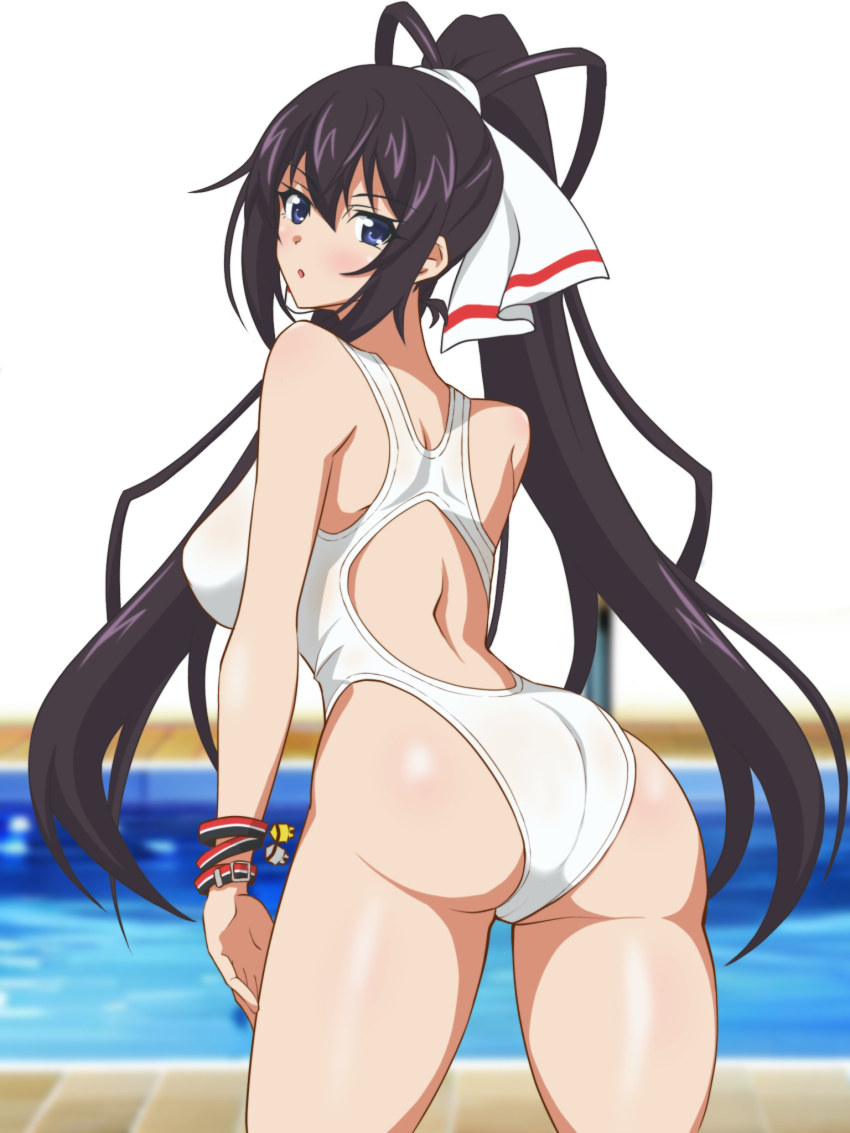 1girl ass black_hair blue_eyes bracelet commentary_request competition_swimsuit cowboy_shot from_behind hair_ribbon hata_(pixiv10403940) high_ponytail highleg highleg_one-piece_swimsuit highres infinite_stratos jewelry long_hair looking_at_viewer looking_back one-piece_swimsuit ponytail pool ribbon shinonono_houki solo split_ponytail swimsuit two-tone_swimsuit white_one-piece_swimsuit white_ribbon
