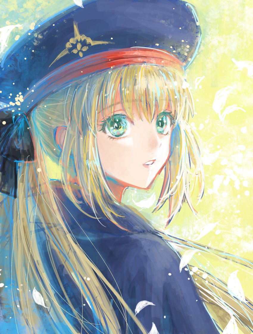 1girl absurdres artoria_caster_(fate) artoria_pendragon_(fate) blonde_hair cloak edaori fate/grand_order fate_(series) green_eyes hat highres long_hair looking_at_viewer parted_lips ponytail sketch solo upper_body